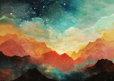 Watercolor Mountains and Starry Sky