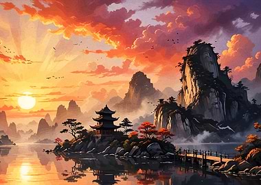Asian Landscape with Temple and Mountains
