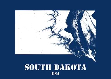 South Dakota USA State Minimalist White Topographic Contour Map featuring terrain on navy blue background