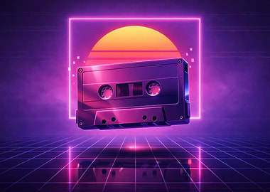 Retro Cassette Tape with Neon Background