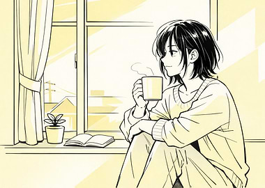 Anime Girl with Coffee by Window