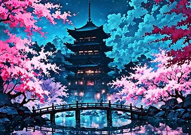 Japanese Pagoda with Cherry Blossoms