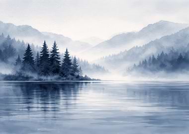 Misty Lake and Forest Landscape
