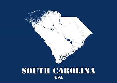South Carolina USA State Minimalist White Topographic Contour Map featuring terrain on navy blue background