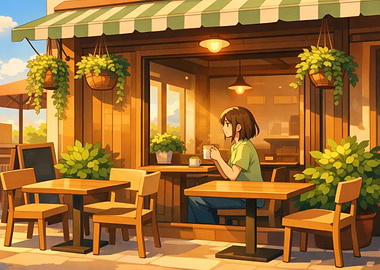 Anime girl at outdoor cafe