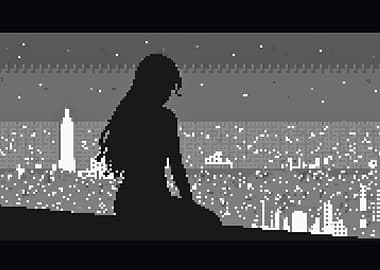 Pixelated Silhouette Overlooking Cityscape
