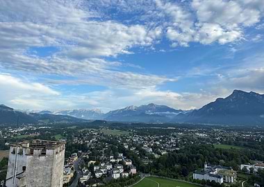 Salzburg cityscape with mountains and sky