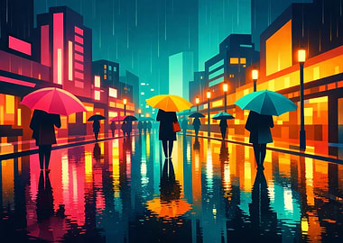 Rainy City Street with Umbrellas