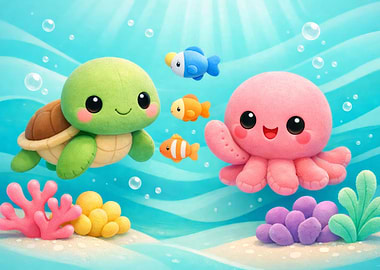 Cute Sea Animals Underwater Scene