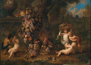 Putti with Fruit Garland in Landscape