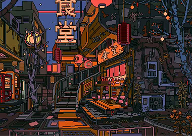 Pixel Art Japanese Street Scene