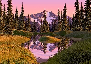 Pixel Art Mountain Lake Reflection Landscape