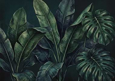 Tropical Leaves Dark Green Illustration