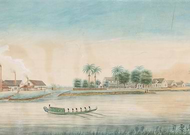 River Landscape with Buildings and Boat