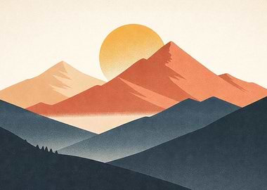 Minimalist Mountain Landscape with Rising Sun