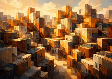 Abstract Cubist Cityscape Painting