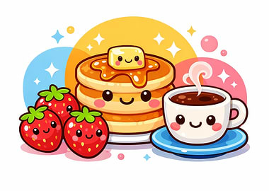 Cute Breakfast: Pancakes, Strawberries, and Coffee