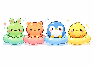 Cute Cartoon Animals on Clouds