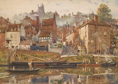 Vintage Townscape with River and Boats