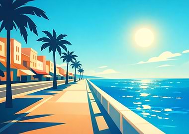 Sunny Beachfront Promenade with Palm Trees
