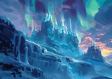 Ice Castle Landscape with Aurora Borealis