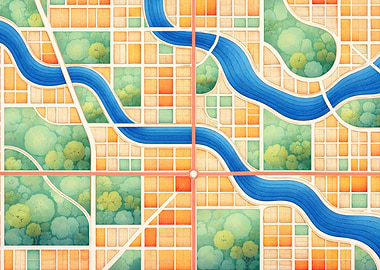 City Map with River and Parks