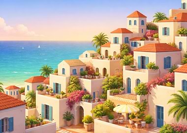 Coastal Village with Colorful Mediterranean Architecture