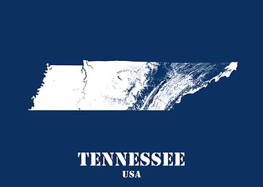 Tennessee USA State Minimalist White Topographic Contour Relief Map featuring terrain on navy blue background