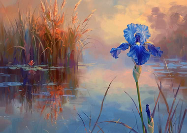 Blue Iris in a Pond Painting