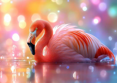 Flamingo in Water with Bokeh Lights