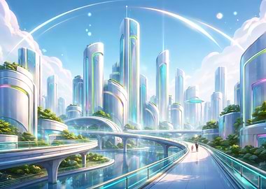 Futuristic Cityscape with Elevated Walkways