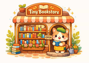Tiny Bookstore with Cat Cartoon