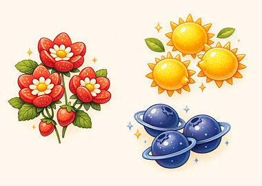 Cartoon Fruits and Planets Illustration