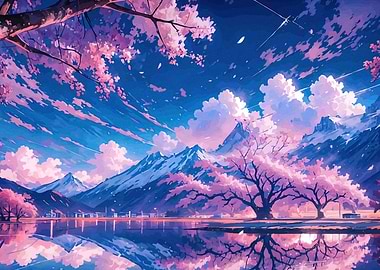 Cherry Blossom Landscape Mountain