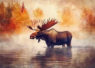 Moose in Water with Autumnal Background