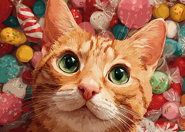 Ginger Cat Surrounded by Colorful Candies