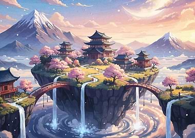 Floating Japanese Temples with Cherry Blossoms