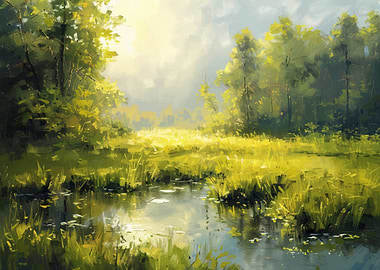 Impressionistic Landscape with Stream and Trees