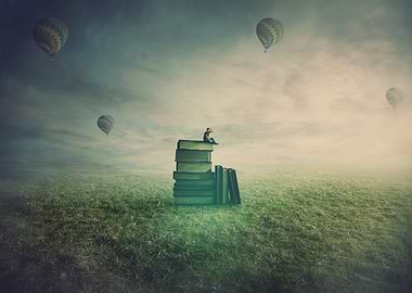 Boy on Books with Hot Air Balloons