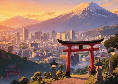 Japanese Cityscape with Mount Fuji