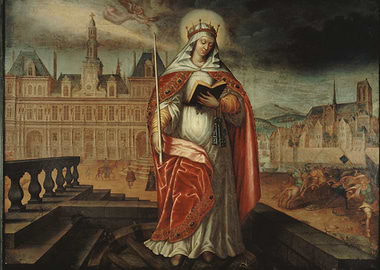 Saint Genevieve painting with Paris backdrop