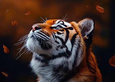 Tiger Looking Up at Falling Leaves
