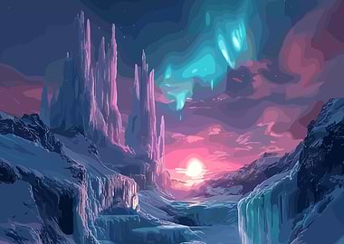 Icy Landscape with Aurora Borealis