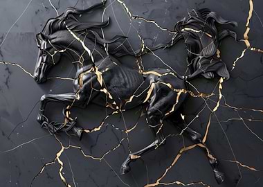 Black and Gold Kintsugi Horse Sculpture