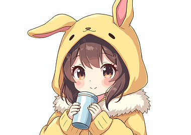 Anime Girl in Bunny Hoodie Drinking
