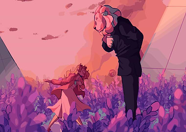 Lion-headed man and woman in field