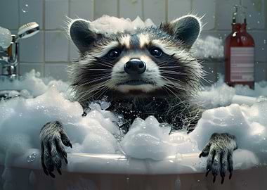 Raccoon Relaxing in a Bubble Bath