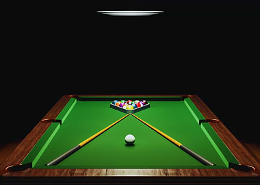 Billiard Table with Balls and Cues