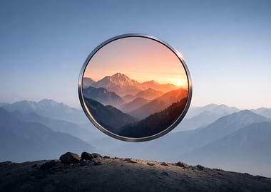 Mountain Sunset in a Circular Frame