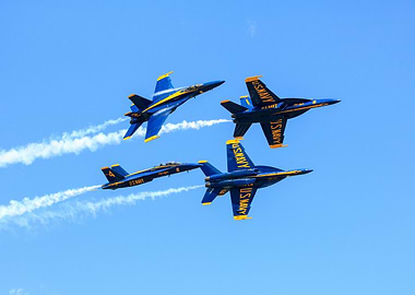 Blue Angels formation in clear sky